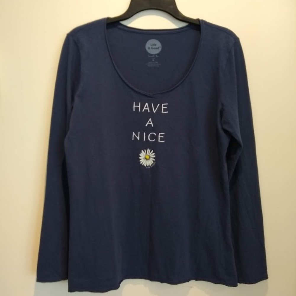 Life is Good Daisy Flower Women's MED Smooth Fitted Long Sleeve Blue T-shirt Top